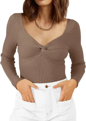 LILLUSORY Women's 2025 Twist Knot Fall Clothes Fashion Outfits Top Ribbed Long Sleeve