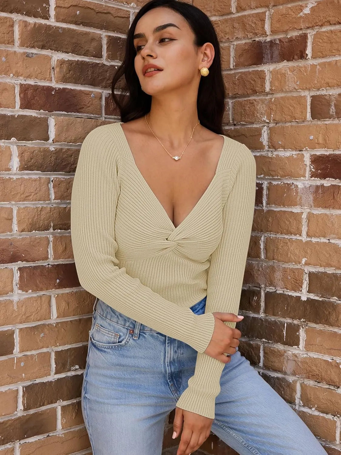 LILLUSORY Women's 2025 Twist Knot Fall Clothes Fashion Outfits Top Ribbed Long Sleeve