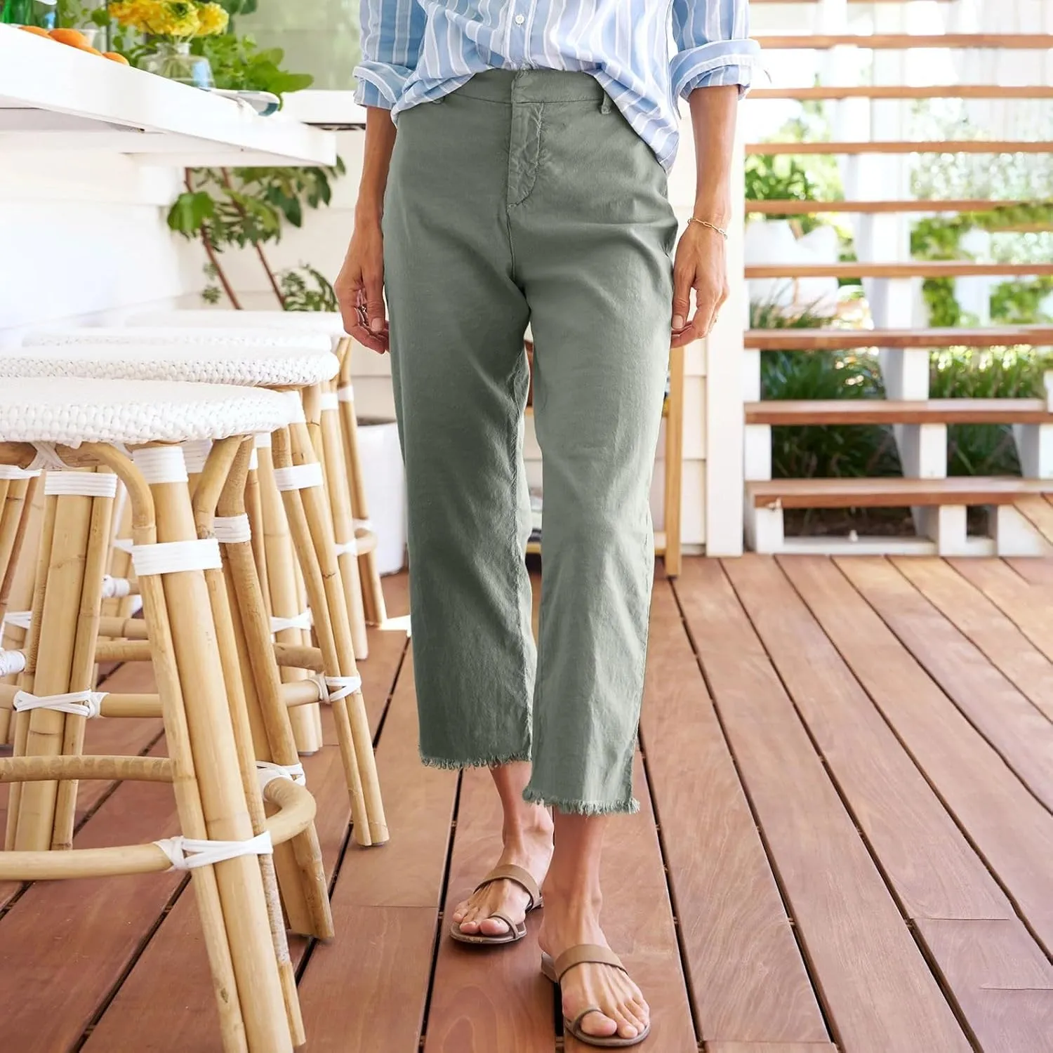 Linen Crop Pants for Women Casual Summer High Waisted Work Pants Business Straight Leg Cropped Trousers with Pockets