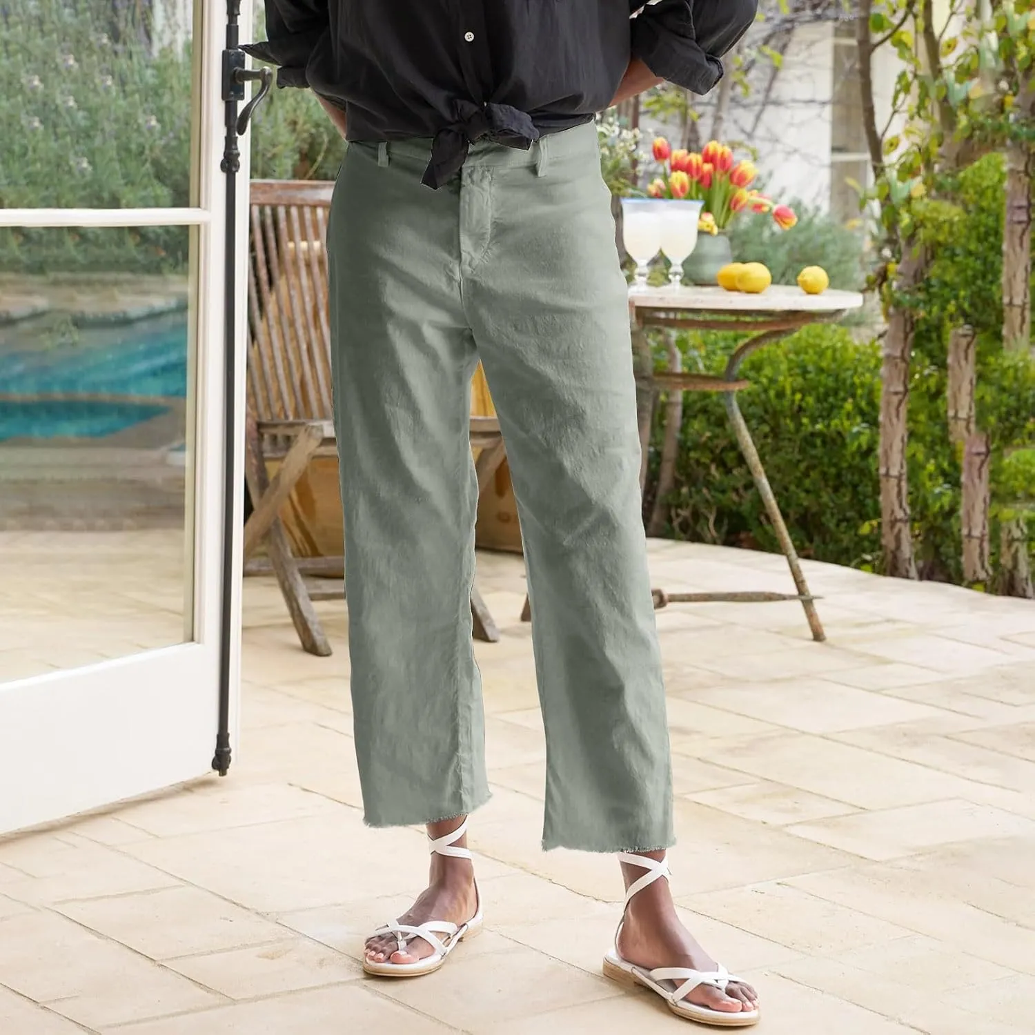 Linen Crop Pants for Women Casual Summer High Waisted Work Pants Business Straight Leg Cropped Trousers with Pockets