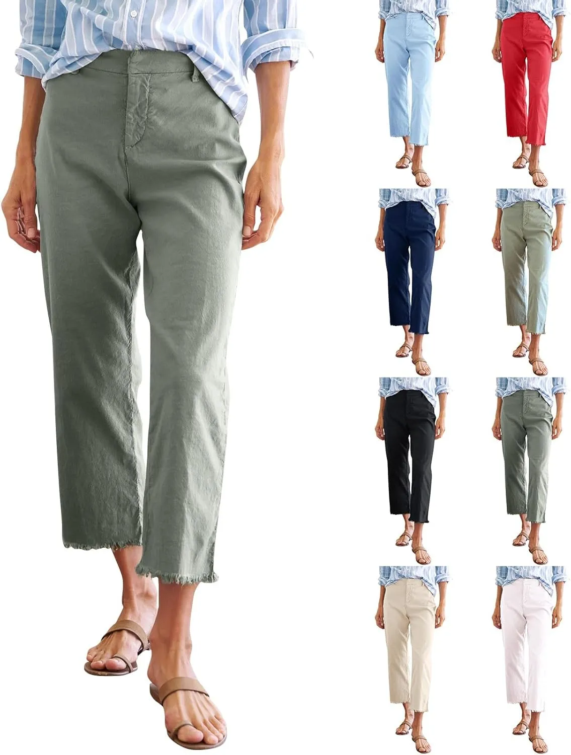 Linen Crop Pants for Women Casual Summer High Waisted Work Pants Business Straight Leg Cropped Trousers with Pockets