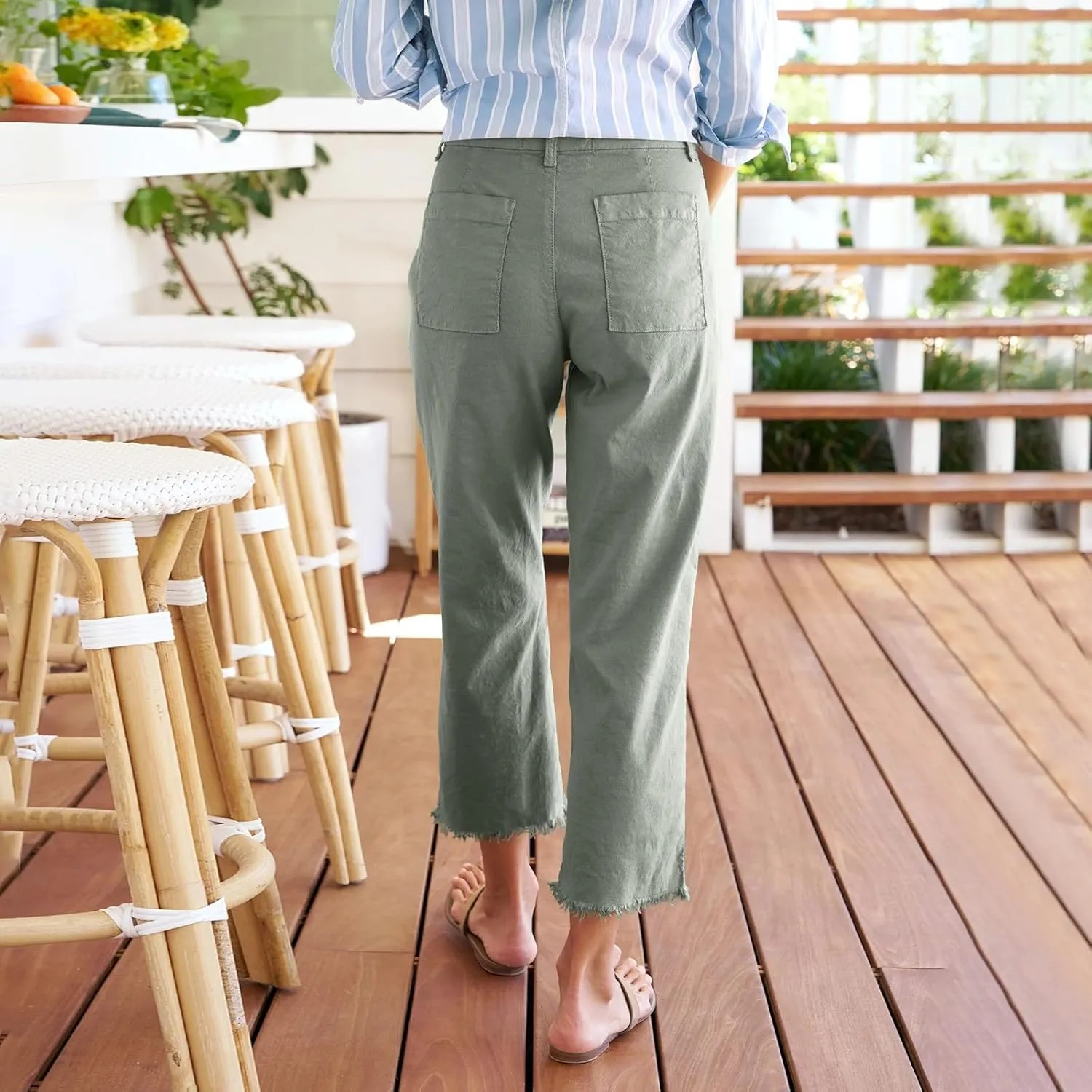 Linen Crop Pants for Women Casual Summer High Waisted Work Pants Business Straight Leg Cropped Trousers with Pockets
