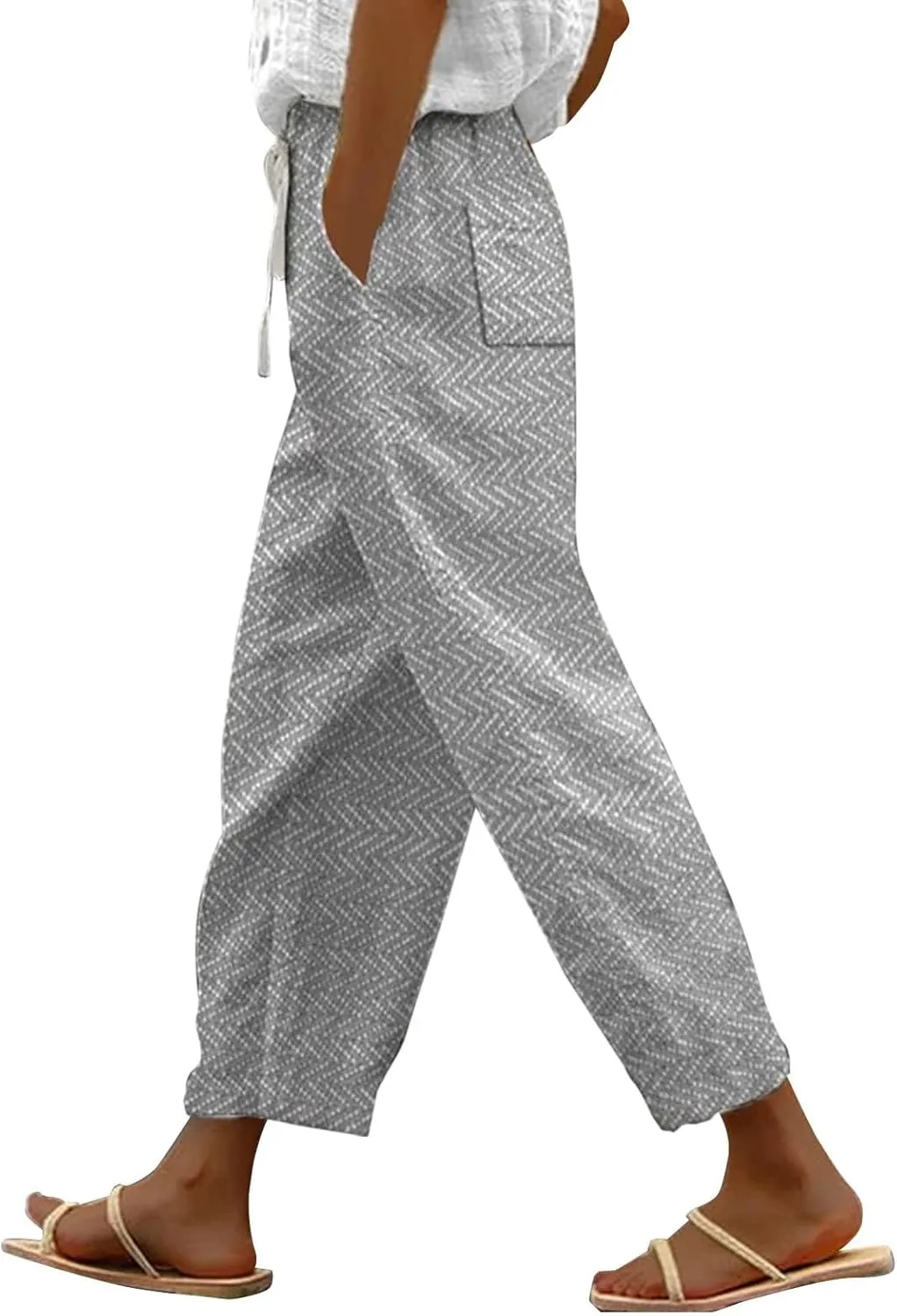 Linen Joggers for Women, Cotton Capris for Women, Pantalon Lino Mujer, Lightweight Capri High Waisted Straight Leg Trousers Casual Summer Beach Lounge Long Trousers Grey 5X-Large
