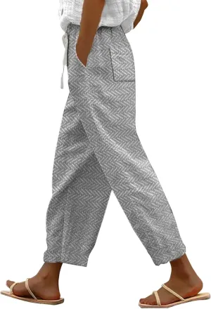 Linen Joggers for Women, Cotton Capris for Women, Pantalon Lino Mujer, Lightweight Capri High Waisted Straight Leg Trousers Casual Summer Beach Lounge Long Trousers Grey 5X-Large