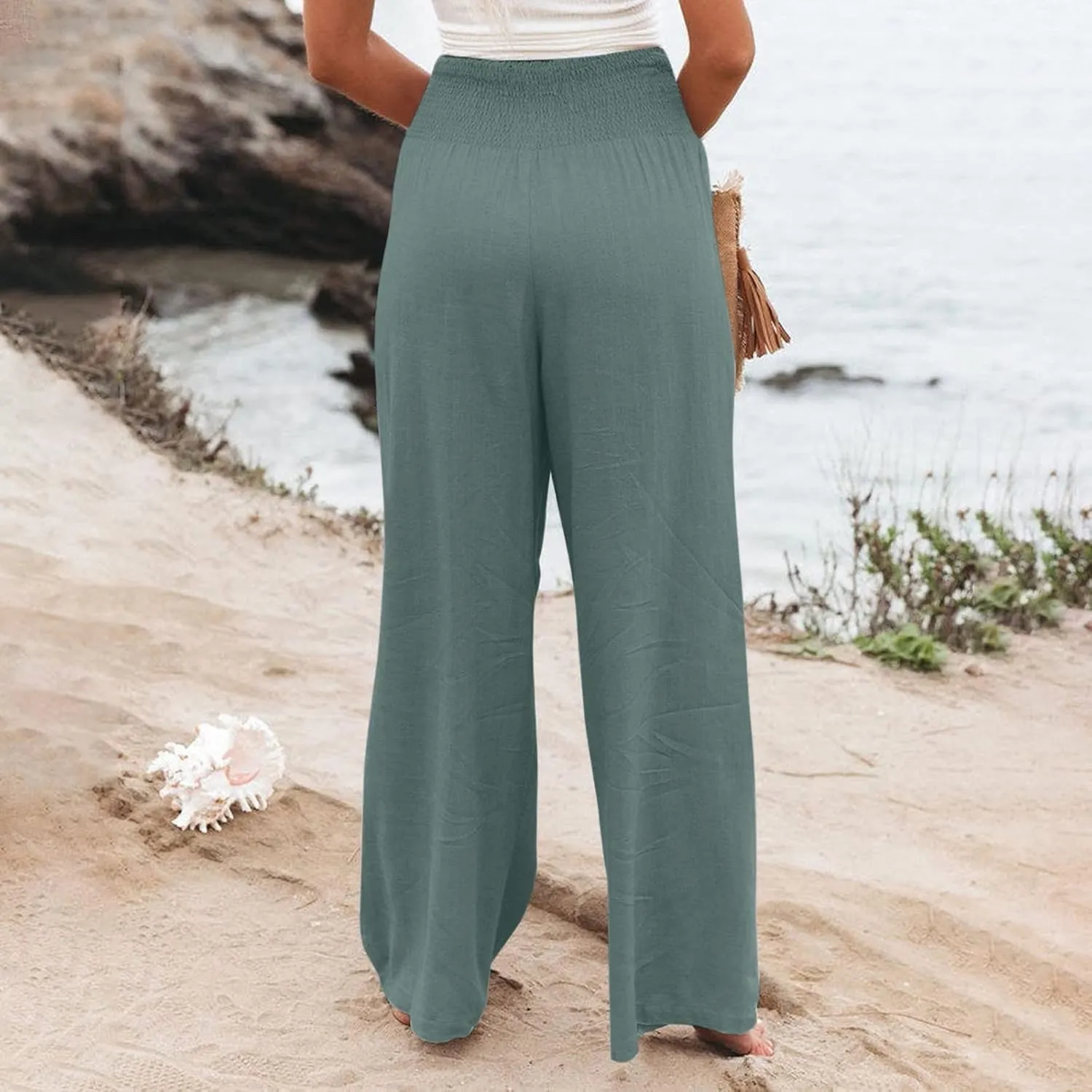 Linen Pants for Women 2023 Trendy High Waist Solid Wide Leg Pants Summer Beach Sport Fit Trousers with Pockets