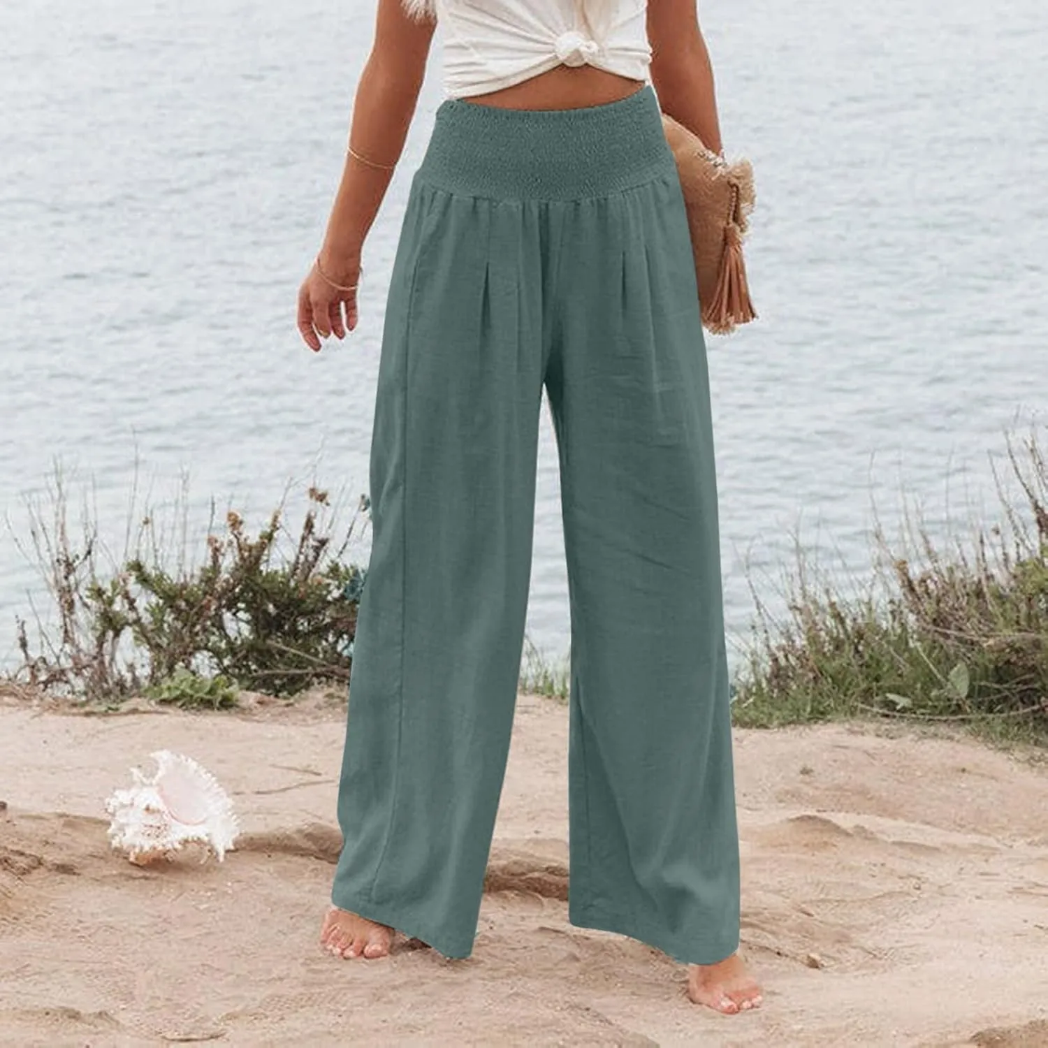 Linen Pants for Women 2023 Trendy High Waist Solid Wide Leg Pants Summer Beach Sport Fit Trousers with Pockets