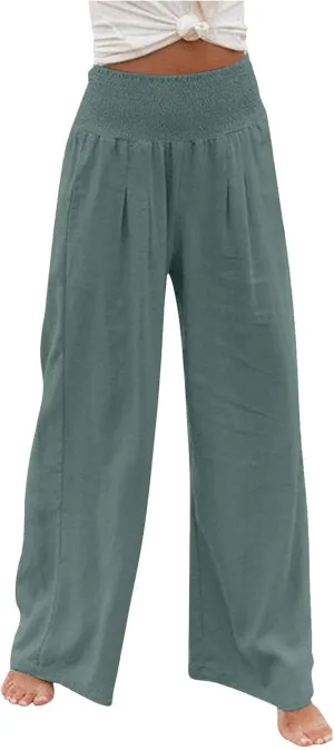 Linen Pants for Women 2023 Trendy High Waist Solid Wide Leg Pants Summer Beach Sport Fit Trousers with Pockets