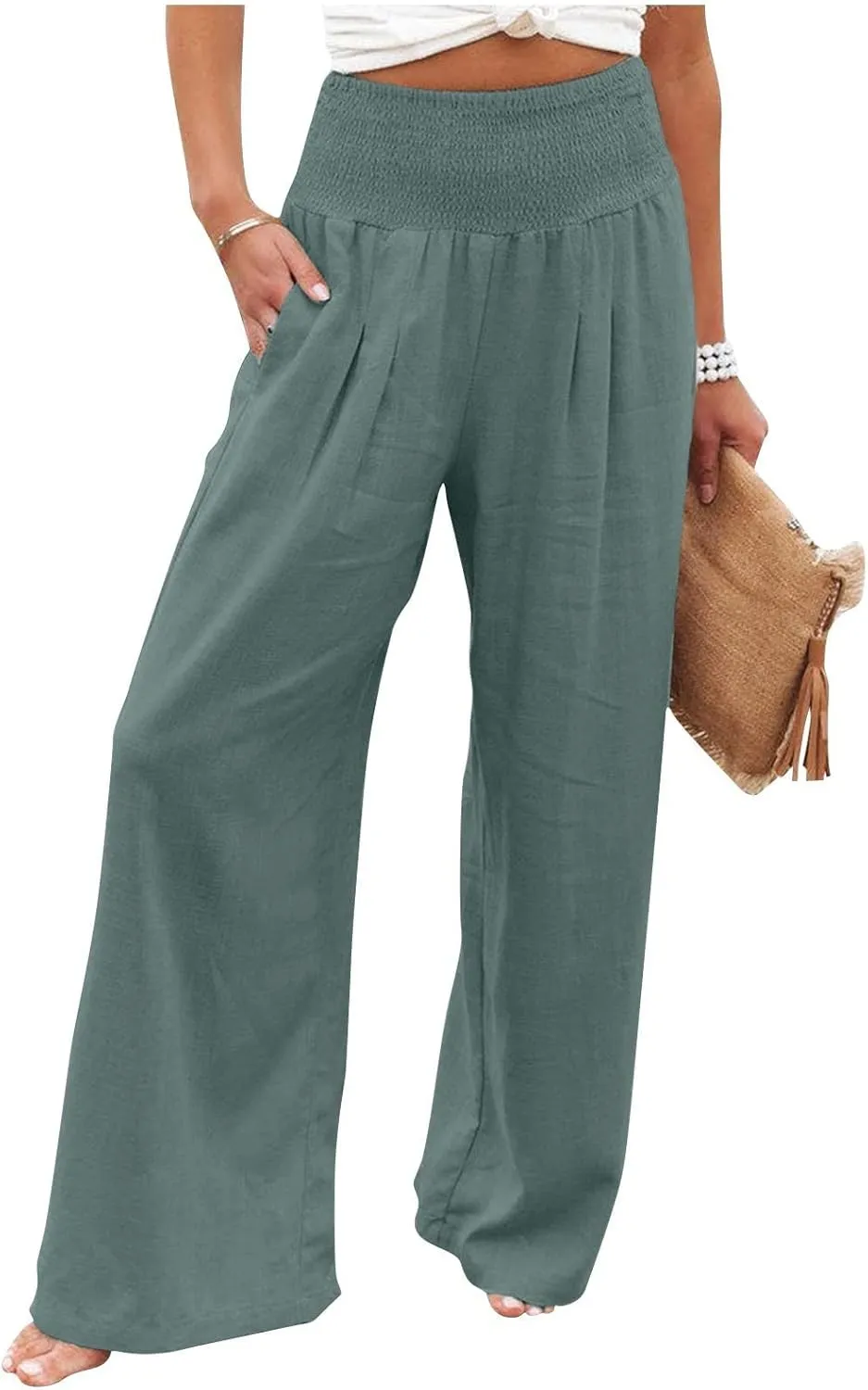 Linen Pants for Women 2023 Trendy High Waist Solid Wide Leg Pants Summer Beach Sport Fit Trousers with Pockets