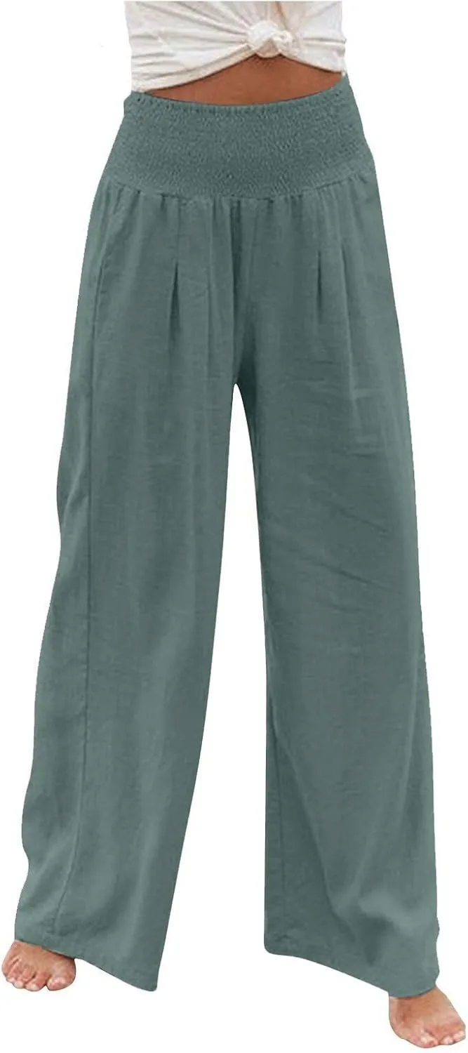 Linen Pants for Women 2023 Trendy High Waist Solid Wide Leg Pants Summer Beach Sport Fit Trousers with Pockets