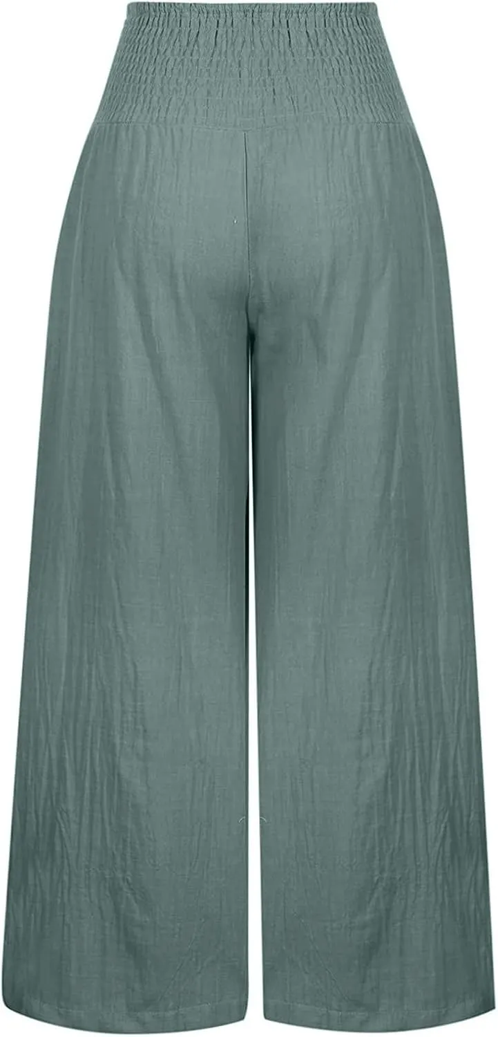 Linen Pants for Women 2023 Trendy High Waist Solid Wide Leg Pants Summer Beach Sport Fit Trousers with Pockets
