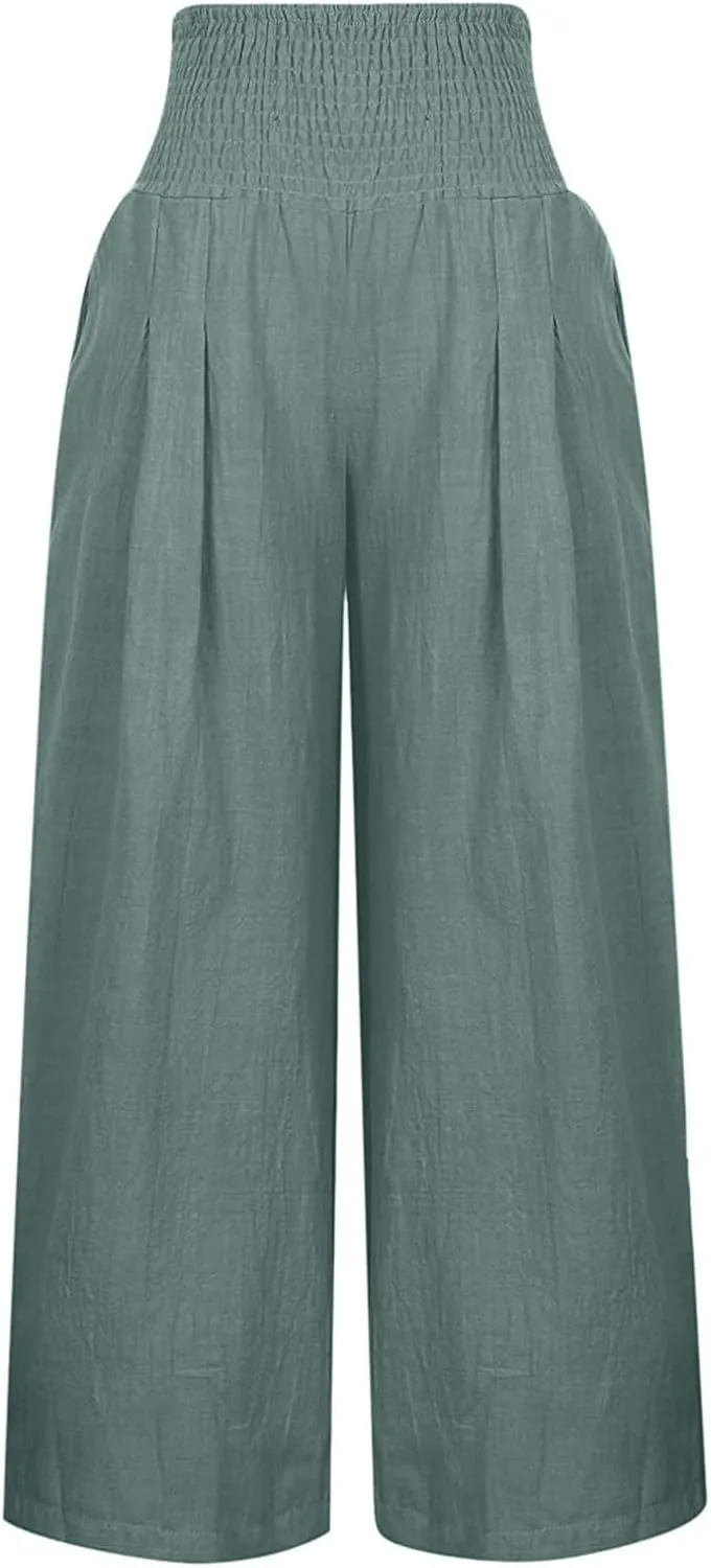 Linen Pants for Women 2023 Trendy High Waist Solid Wide Leg Pants Summer Beach Sport Fit Trousers with Pockets