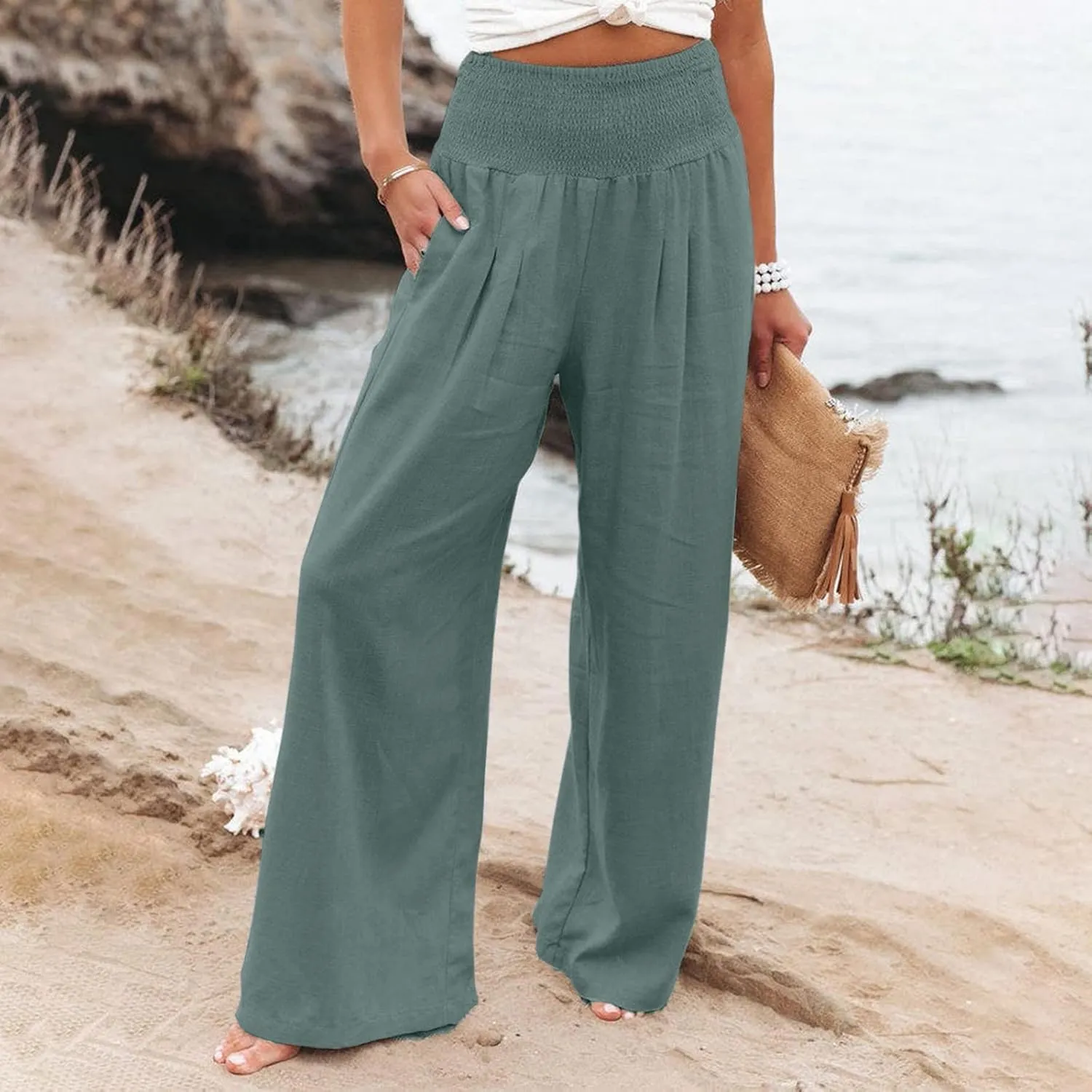 Linen Pants for Women 2023 Trendy High Waist Solid Wide Leg Pants Summer Beach Sport Fit Trousers with Pockets