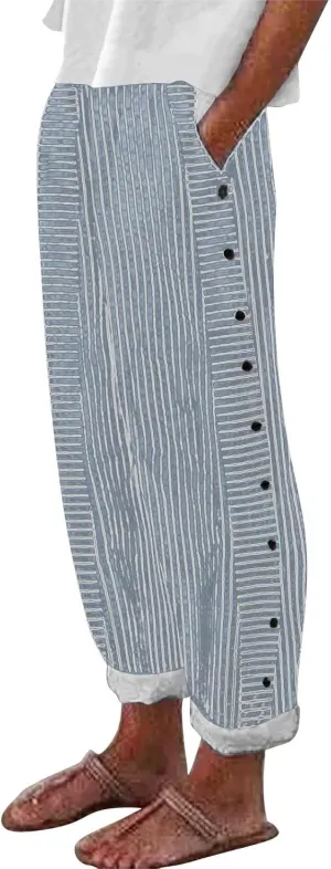 Linen Pants for Women 2025 Casual Plus Size Trendy Striped Spring Summer Gauze Pants Elastic Waist Comfy Trousers