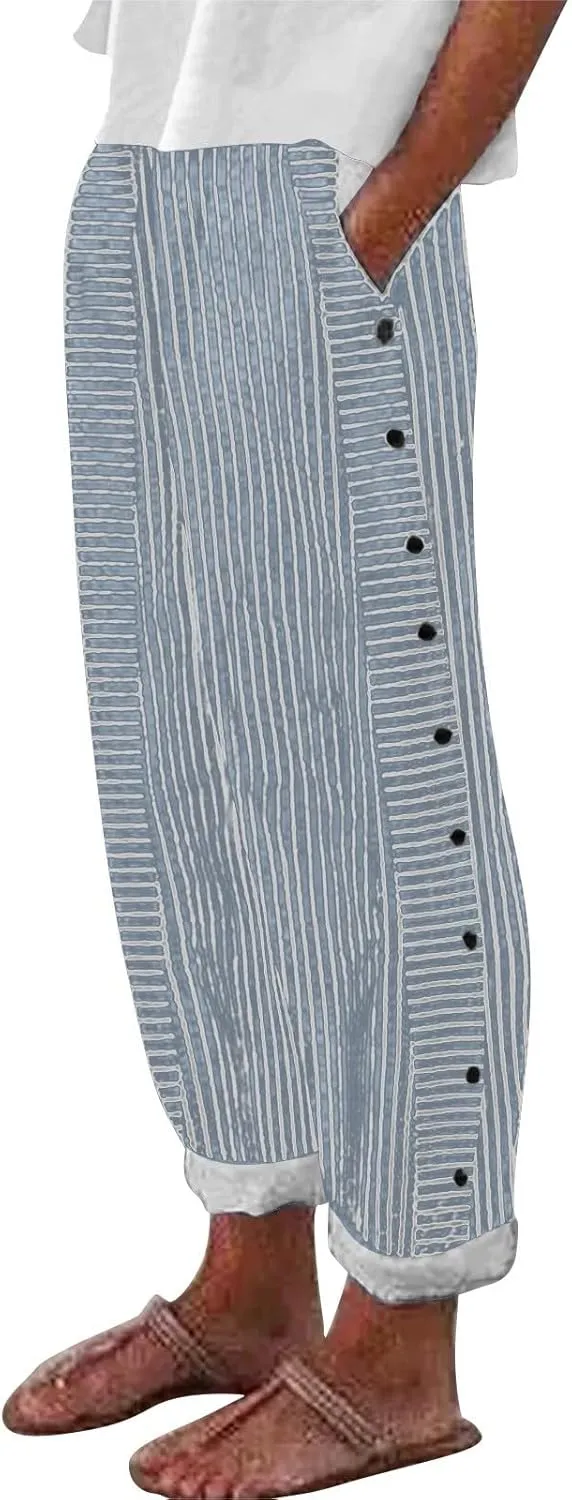 Linen Pants for Women 2025 Casual Plus Size Trendy Striped Spring Summer Gauze Pants Elastic Waist Comfy Trousers