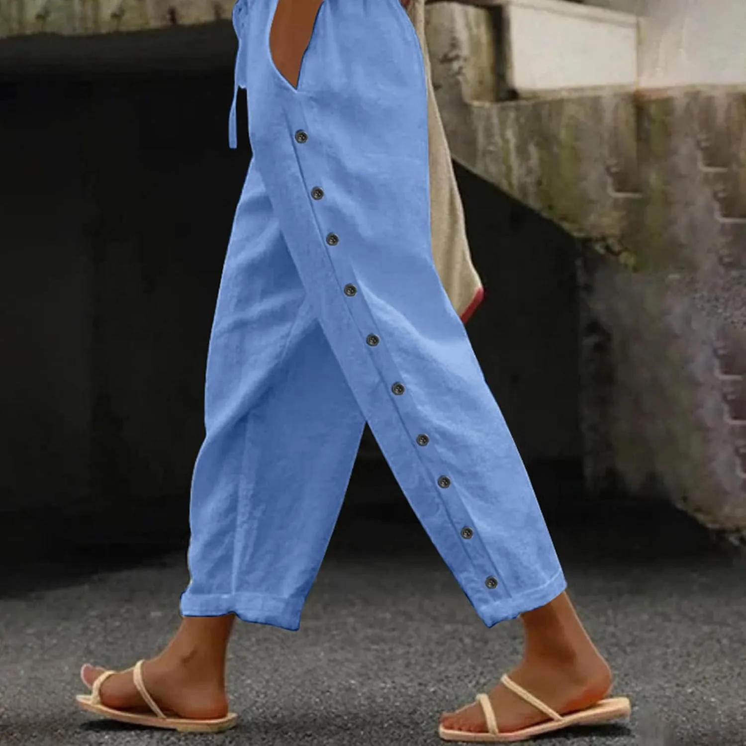 Linen Pants for Women Side Button Summer Trendy Elastic Waist Straight Leg Loose Casual Cropped Trousers with Pockets