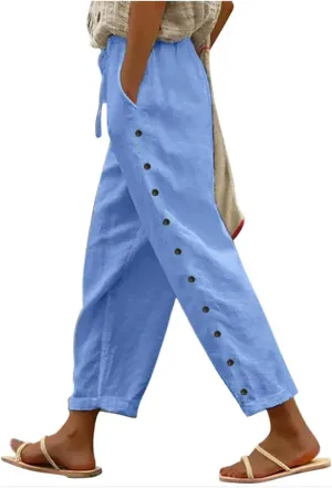 Linen Pants for Women Side Button Summer Trendy Elastic Waist Straight Leg Loose Casual Cropped Trousers with Pockets