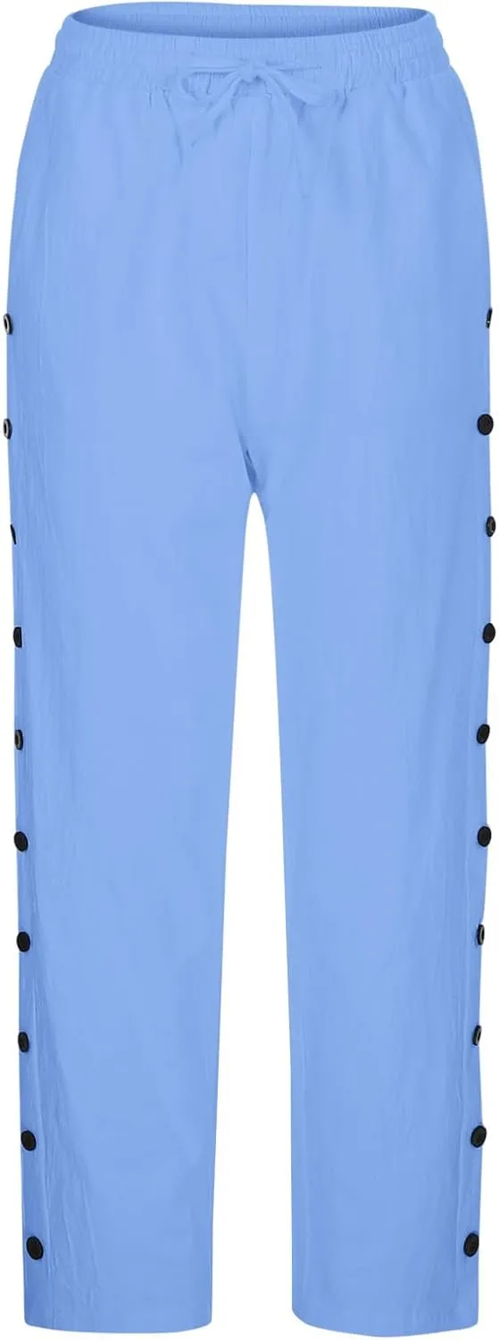 Linen Pants for Women Side Button Summer Trendy Elastic Waist Straight Leg Loose Casual Cropped Trousers with Pockets