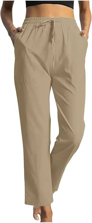 Linen Pants Women Drawstring Waist Linen Pants Solid Color Casual Linen Trousers with Pockets Summer Trendy Clothes