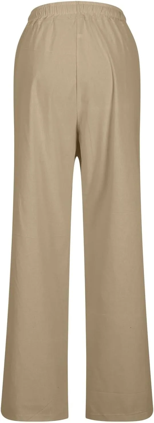 Linen Pants Women Drawstring Waist Linen Pants Solid Color Casual Linen Trousers with Pockets Summer Trendy Clothes