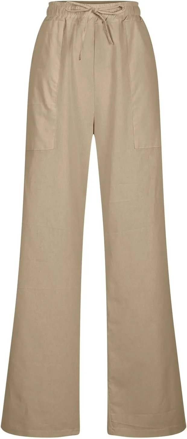 Linen Pants Women Drawstring Waist Linen Pants Solid Color Casual Linen Trousers with Pockets Summer Trendy Clothes