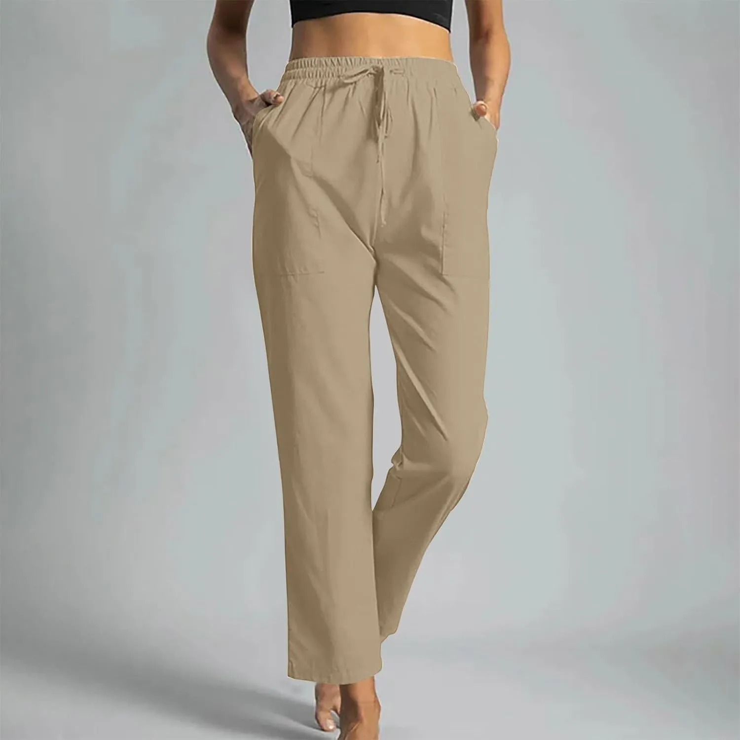 Linen Pants Women Drawstring Waist Linen Pants Solid Color Casual Linen Trousers with Pockets Summer Trendy Clothes