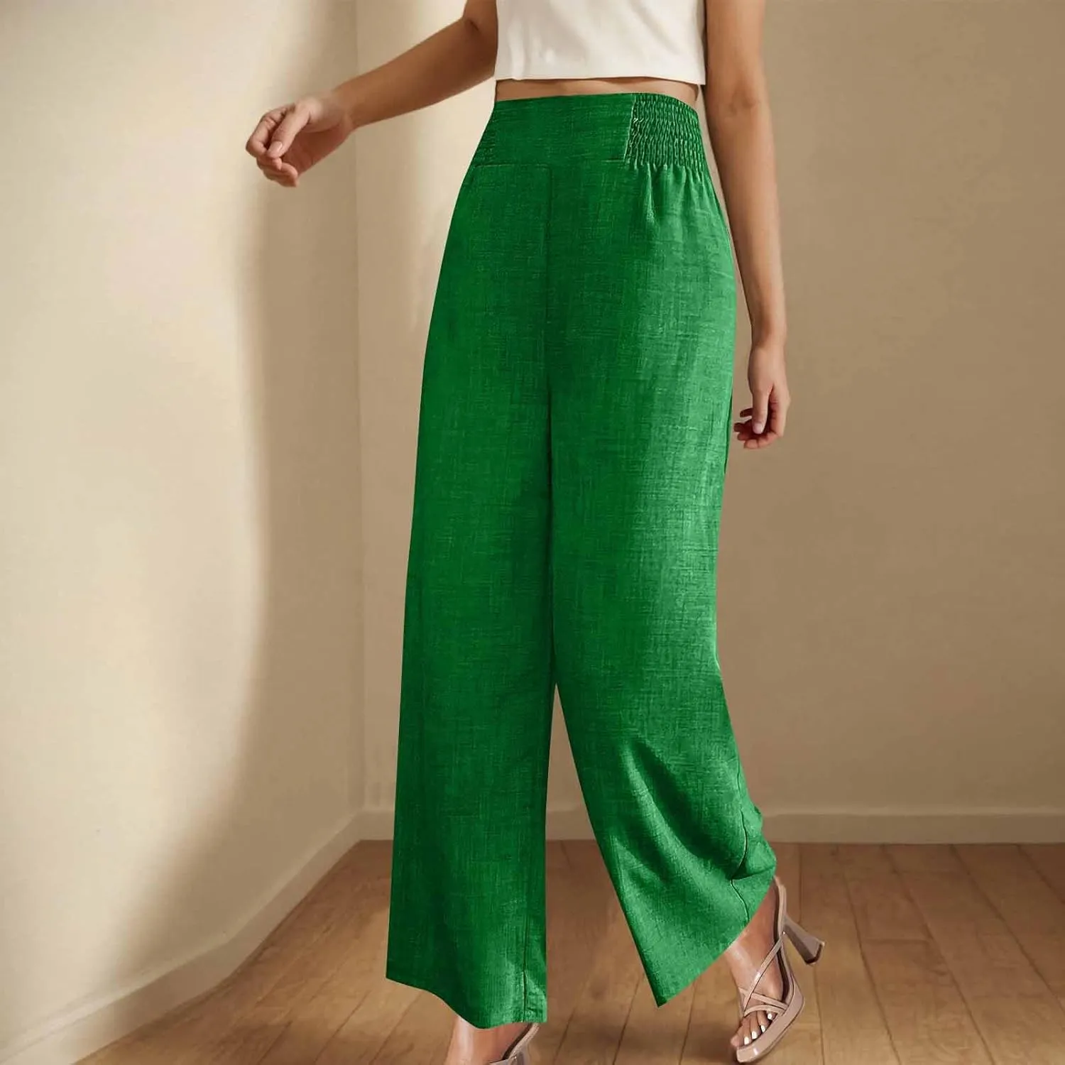 Linen Pants Women Loose Fit Summer High Waist Lounge Pants Plus Size Comfy Flowy Palazzo Trousers with Pockets 2025