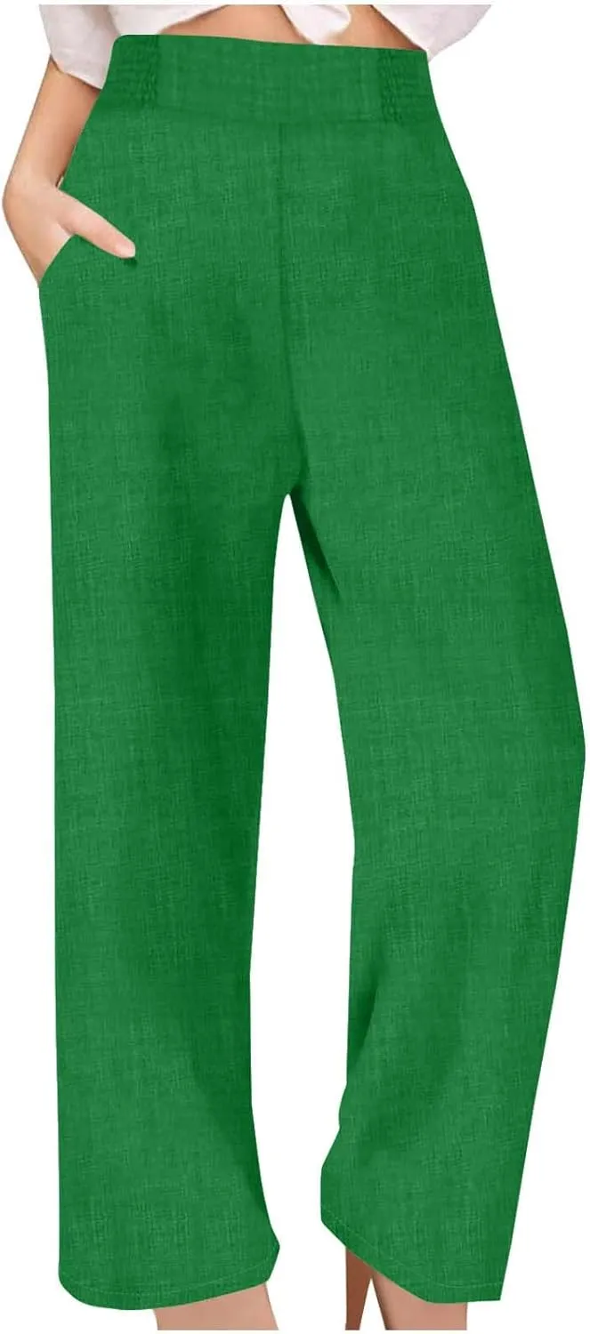 Linen Pants Women Loose Fit Summer High Waist Lounge Pants Plus Size Comfy Flowy Palazzo Trousers with Pockets 2025