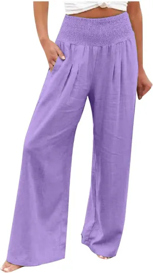 Linen Pants Women Summer Boho Wide Leg High Waist Casual Lounge Pants 2025 Beach Travel Vacation Outfits Linen Pants