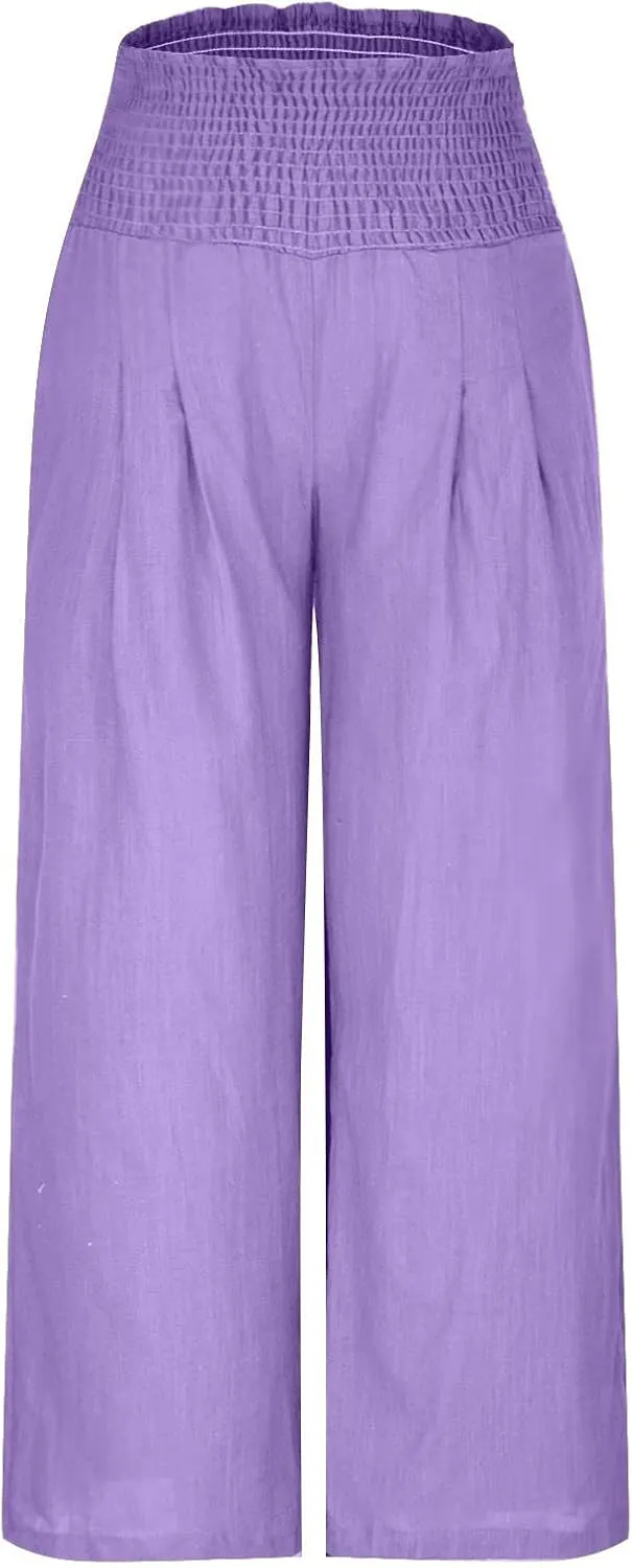 Linen Pants Women Summer Boho Wide Leg High Waist Casual Lounge Pants 2025 Beach Travel Vacation Outfits Linen Pants