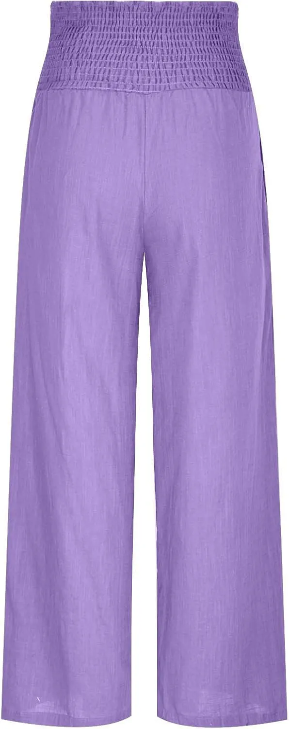 Linen Pants Women Summer Boho Wide Leg High Waist Casual Lounge Pants 2025 Beach Travel Vacation Outfits Linen Pants