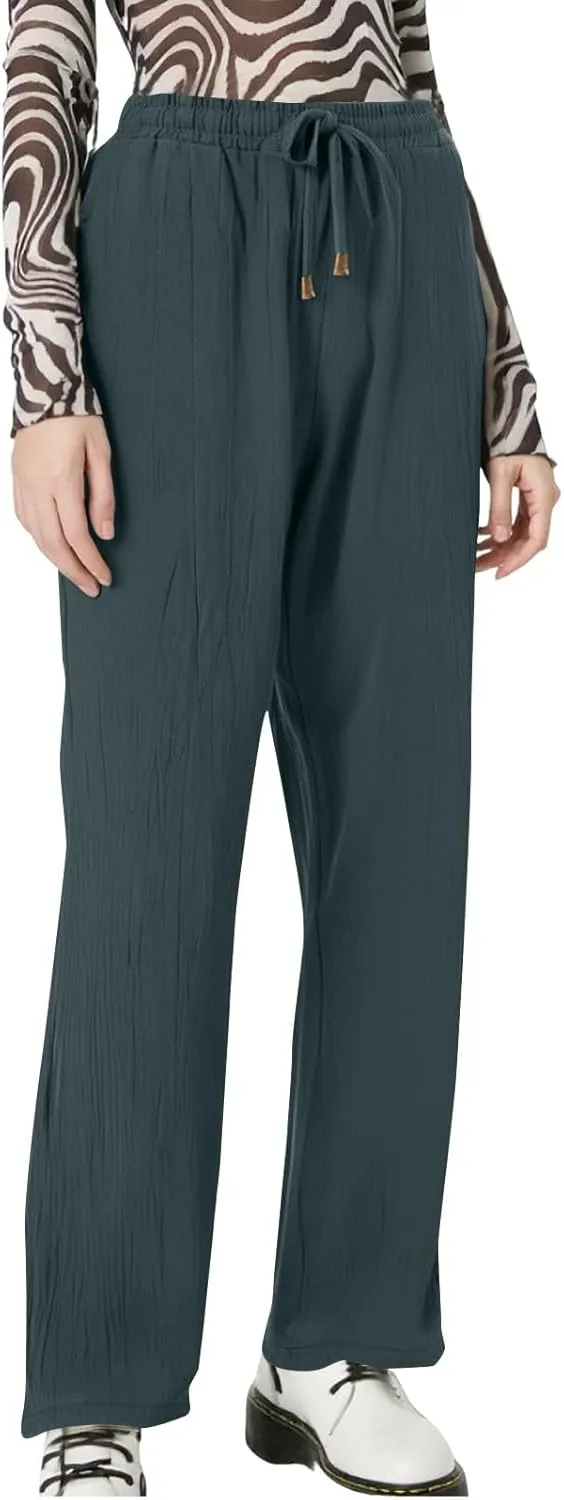 Linen Pants Women Wide Leg Loose High Waisted Summer Casual Palazzo Pants Trendy Flowy Straight Leg Beach Capri Pant