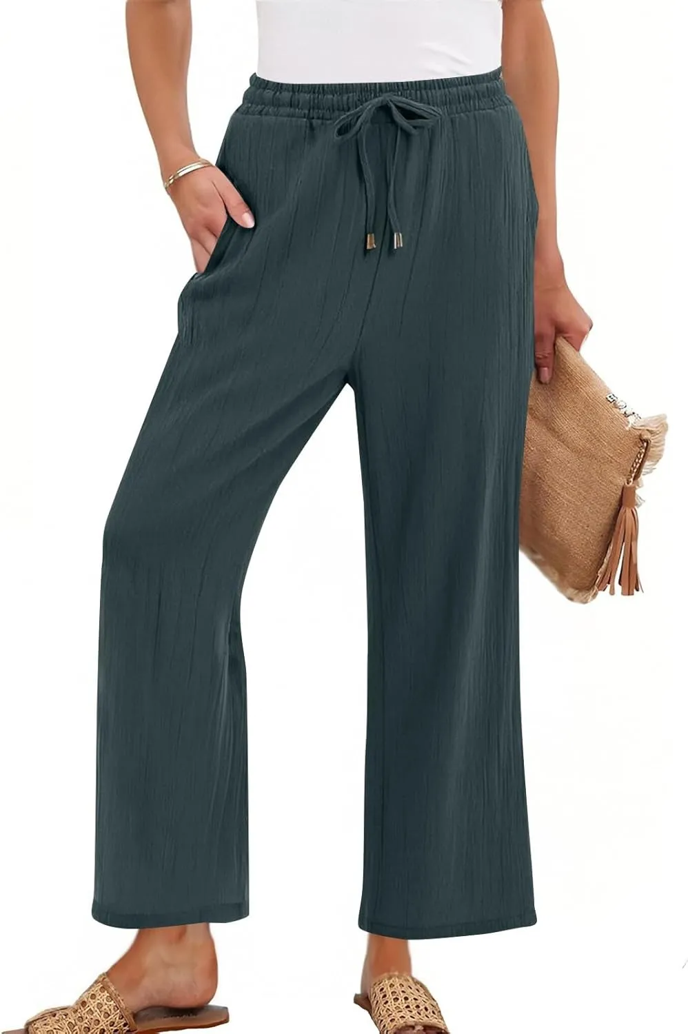 Linen Pants Women Wide Leg Loose High Waisted Summer Casual Palazzo Pants Trendy Flowy Straight Leg Beach Capri Pant