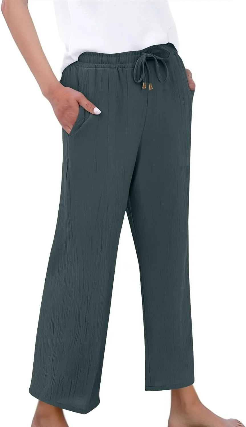 Linen Pants Women Wide Leg Loose High Waisted Summer Casual Palazzo Pants Trendy Flowy Straight Leg Beach Capri Pant