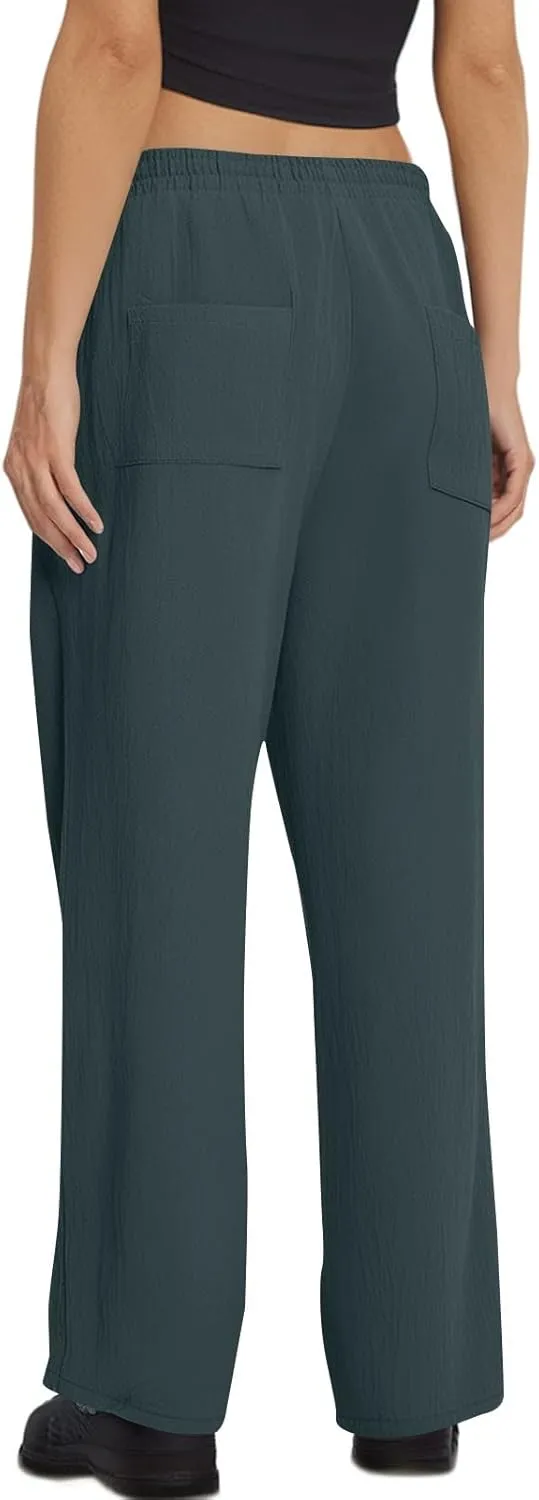 Linen Pants Women Wide Leg Loose High Waisted Summer Casual Palazzo Pants Trendy Flowy Straight Leg Beach Capri Pant