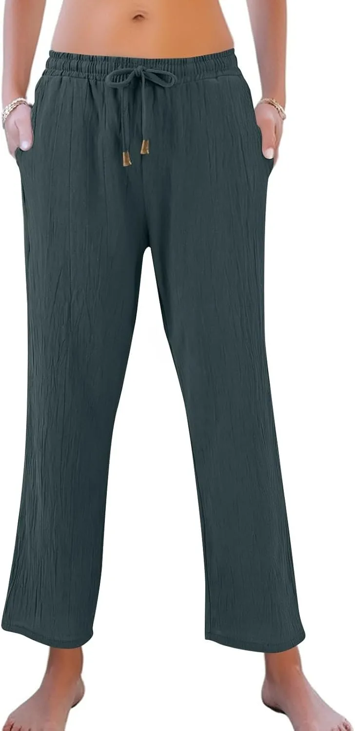 Linen Pants Women Wide Leg Loose High Waisted Summer Casual Palazzo Pants Trendy Flowy Straight Leg Beach Capri Pant