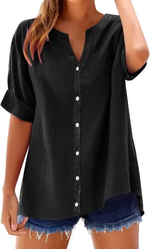Linen Shirts for Women Button Down Shirt Gauze Cotton Short Sleeve Loose Fit Blouse Collared Casual Work Top