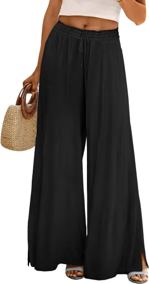 Linen Wide Leg Pants for Women Stretch Smocked High Waisted Ruffle Hem Palazzo Pants 2025 Summer Loose Beach Pants
