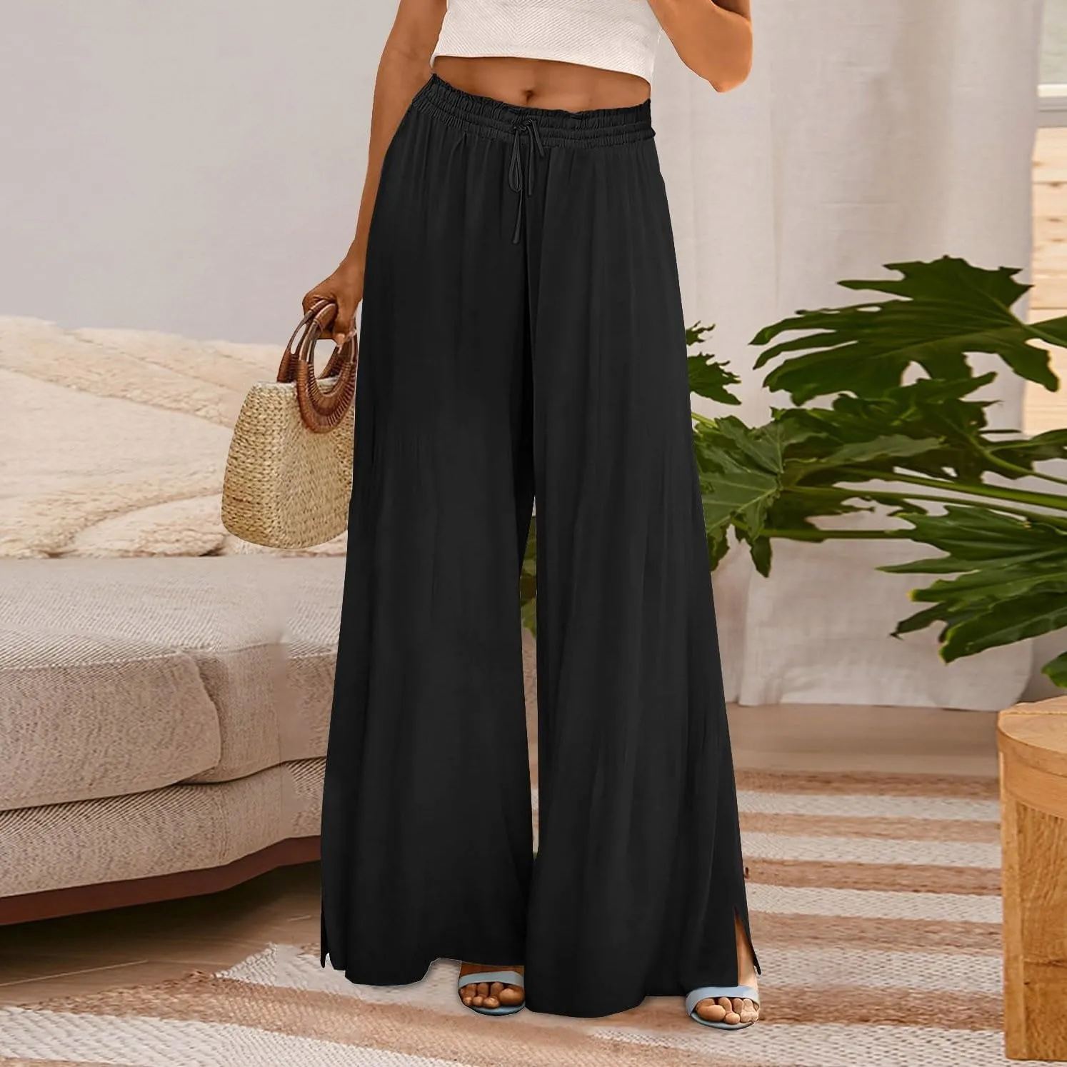 Linen Wide Leg Pants for Women Stretch Smocked High Waisted Ruffle Hem Palazzo Pants 2025 Summer Loose Beach Pants