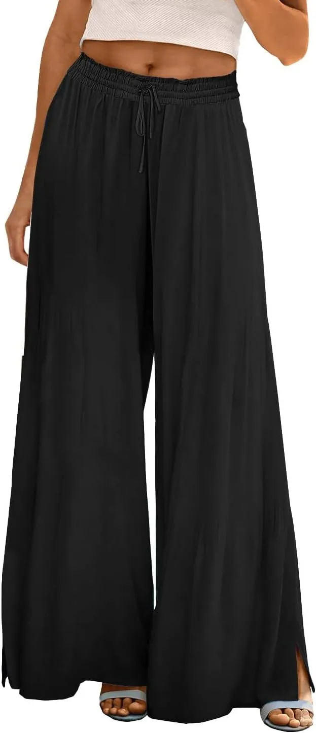 Linen Wide Leg Pants for Women Stretch Smocked High Waisted Ruffle Hem Palazzo Pants 2025 Summer Loose Beach Pants