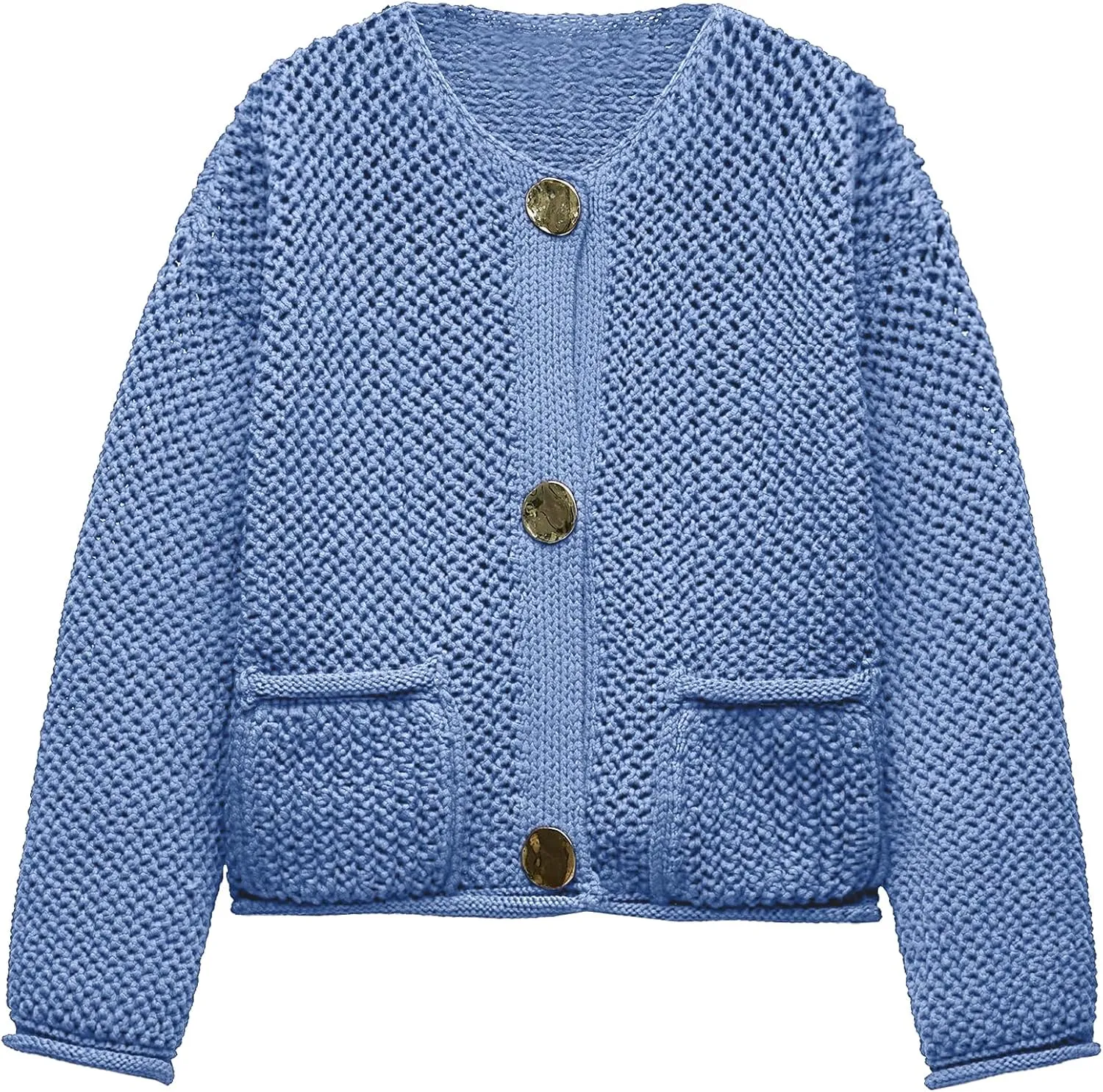 Locachy Women's Crochet Chunky Knit Sweater Cardigan Trendy Crewneck Gold Button Down Sweater