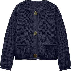 Locachy Women's Crochet Chunky Knit Sweater Cardigan Trendy Crewneck Gold Button Down Sweater
