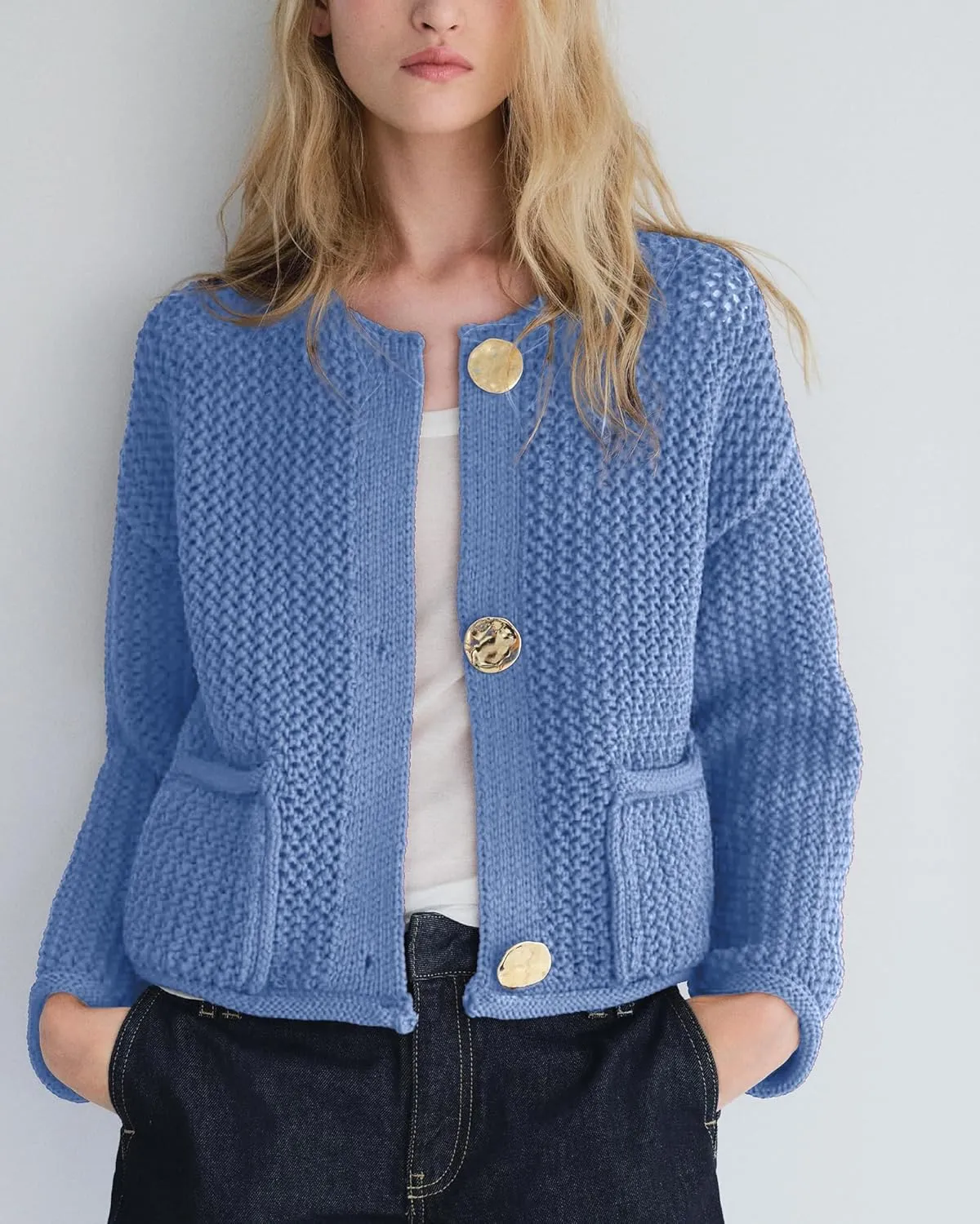 Locachy Women's Crochet Chunky Knit Sweater Cardigan Trendy Crewneck Gold Button Down Sweater
