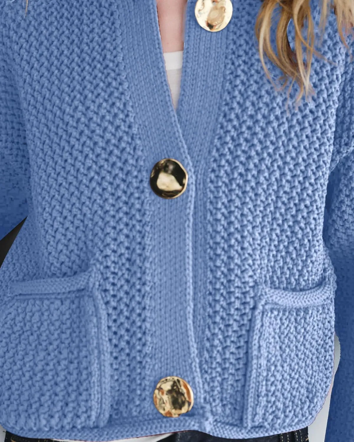 Locachy Women's Crochet Chunky Knit Sweater Cardigan Trendy Crewneck Gold Button Down Sweater