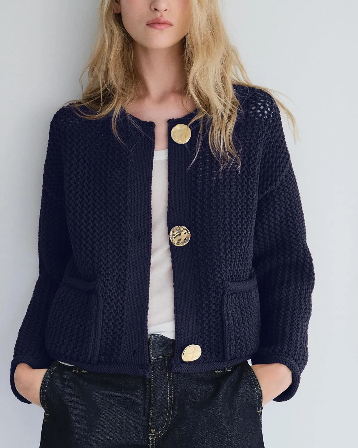 Locachy Women's Crochet Chunky Knit Sweater Cardigan Trendy Crewneck Gold Button Down Sweater