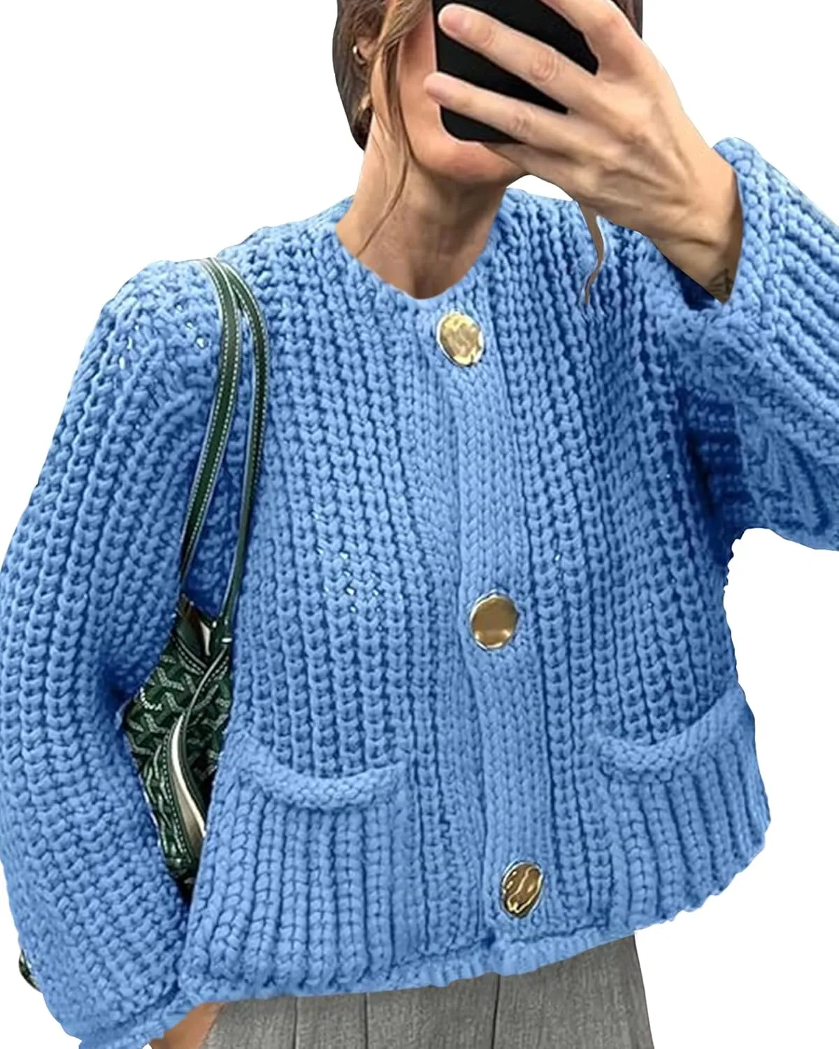 Locachy Women's Crochet Chunky Knit Sweater Cardigan Trendy Crewneck Gold Button Down Sweater
