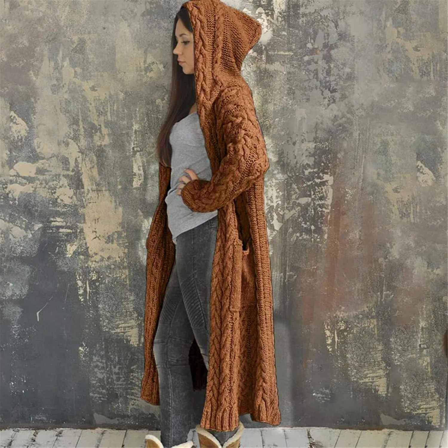 Long Cardigans for Women Hooded Chunky Oversized Sweater Robe Winter Warm Trendy Cable Knit Duster Cardigans Coat
