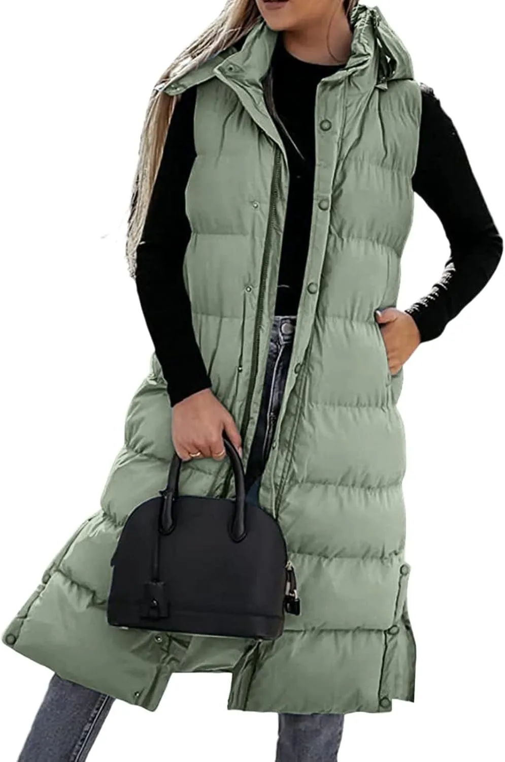 Long Puffer Vest for Women,2023 Winter Warm Puffy Zipper Sleeveless Oversized Fleece Plus Size Down Jacket Coat