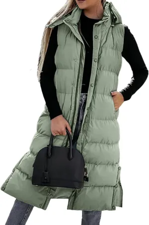 Long Puffer Vest for Women,2023 Winter Warm Puffy Zipper Sleeveless Oversized Fleece Plus Size Down Jacket Coat