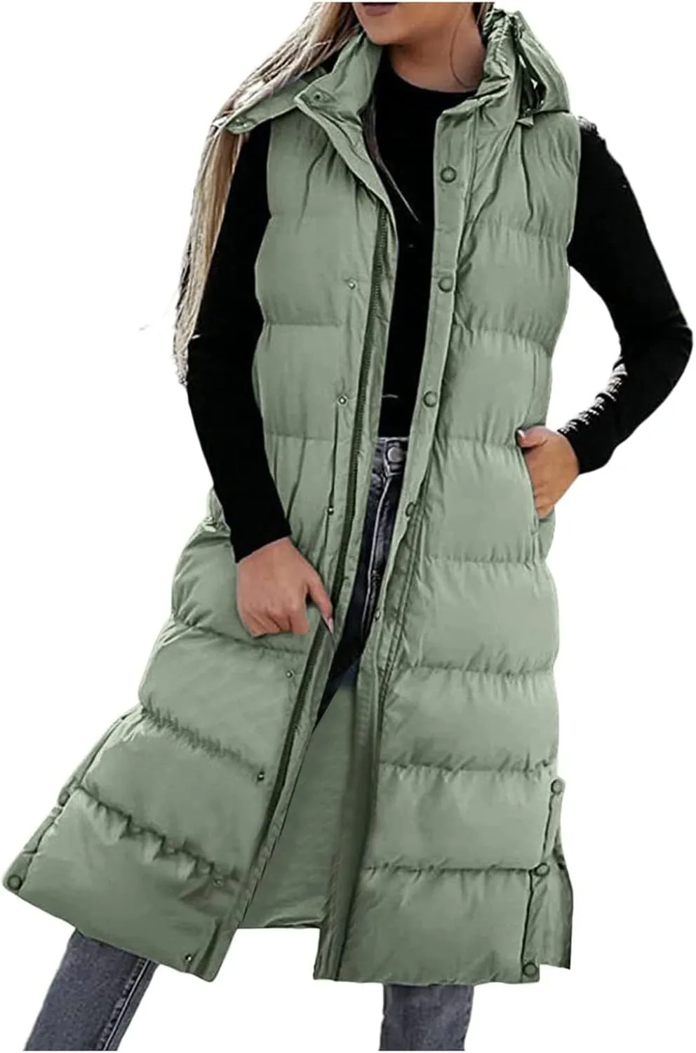 Long Puffer Vest for Women,2023 Winter Warm Puffy Zipper Sleeveless Oversized Fleece Plus Size Down Jacket Coat