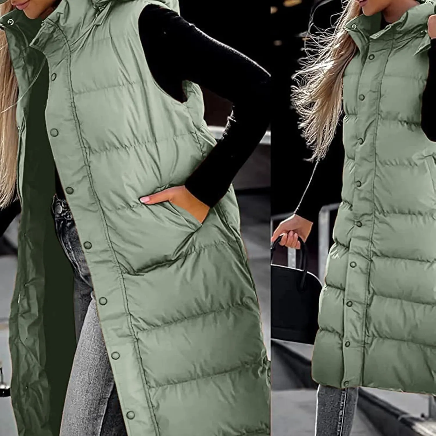 Long Puffer Vest for Women,2023 Winter Warm Puffy Zipper Sleeveless Oversized Fleece Plus Size Down Jacket Coat
